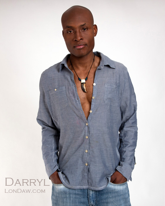 Model Darryl Miles in blue shirt and jeans