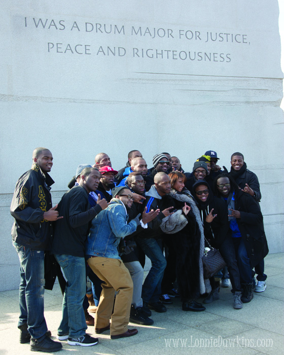 Fraternity posing in front of Stone of Hope at Martin Luther King Memorial